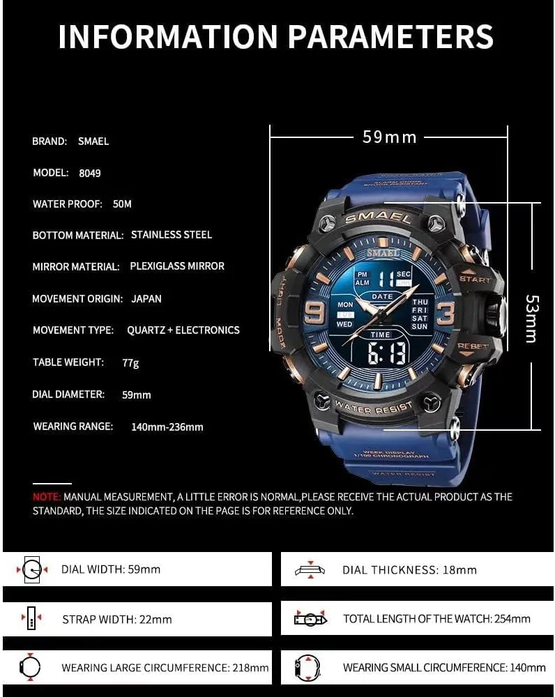 Men's Military Watches Outdoor Sports Watch Waterproof LED Date Alarm Digital Analog Wrist Watches for Men