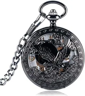 Men's Retro Pocket Watch, Black Hollow Bird Flower Box Boy Hollow Pocket Watch, Youth Hand-Wind Mechanical Pocket Watch Chain