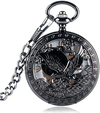 Men's Retro Pocket Watch, Black Hollow Bird Flower Box Boy Hollow Pocket Watch, Youth Hand-Wind Mechanical Pocket Watch Chain