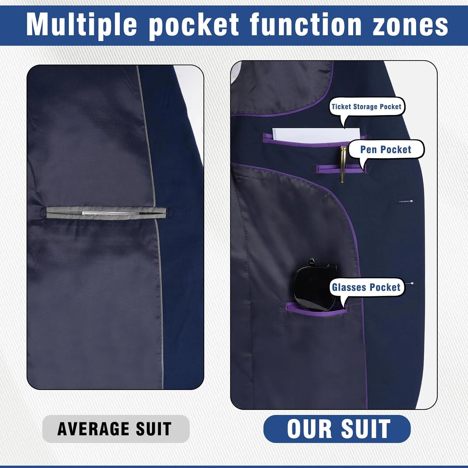 Men's Slim Fit 2 Button 3 Piece Suit Set, Solid Blazer Jacket with Multi-Functional Inner Pockets for Business/Party