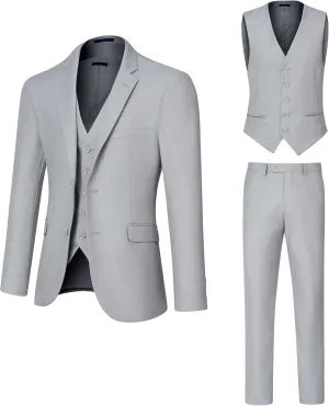 Men's Slim Fit 2 Button 3 Piece Suit Set, Solid Blazer Jacket with Multi-Functional Inner Pockets for Business/Party