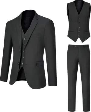 Men's Slim Fit 2 Button 3 Piece Suit Set, Solid Blazer Jacket with Multi-Functional Inner Pockets for Business/Party