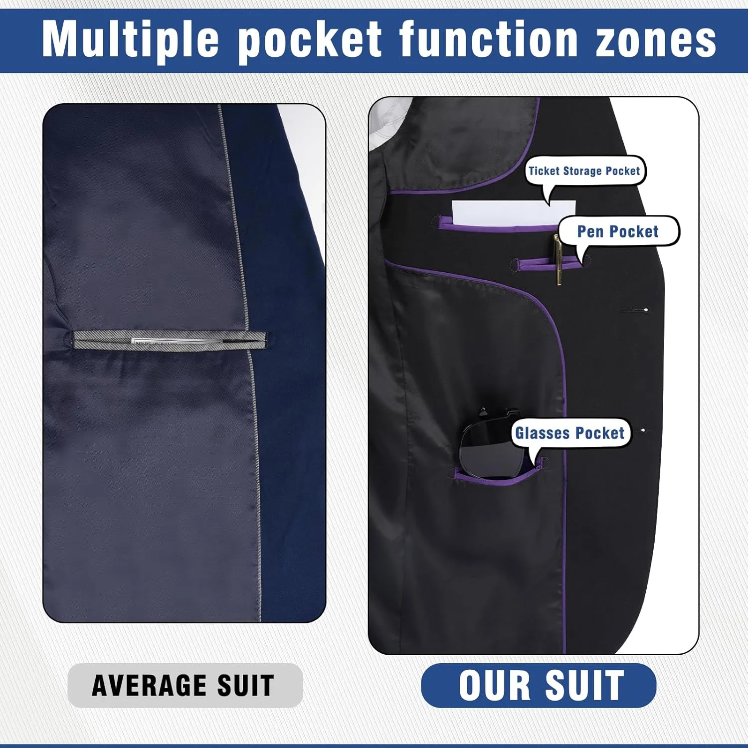 Men's Slim Fit 2 Button 3 Piece Suit Set, Solid Blazer Jacket with Multi-Functional Inner Pockets for Business/Party