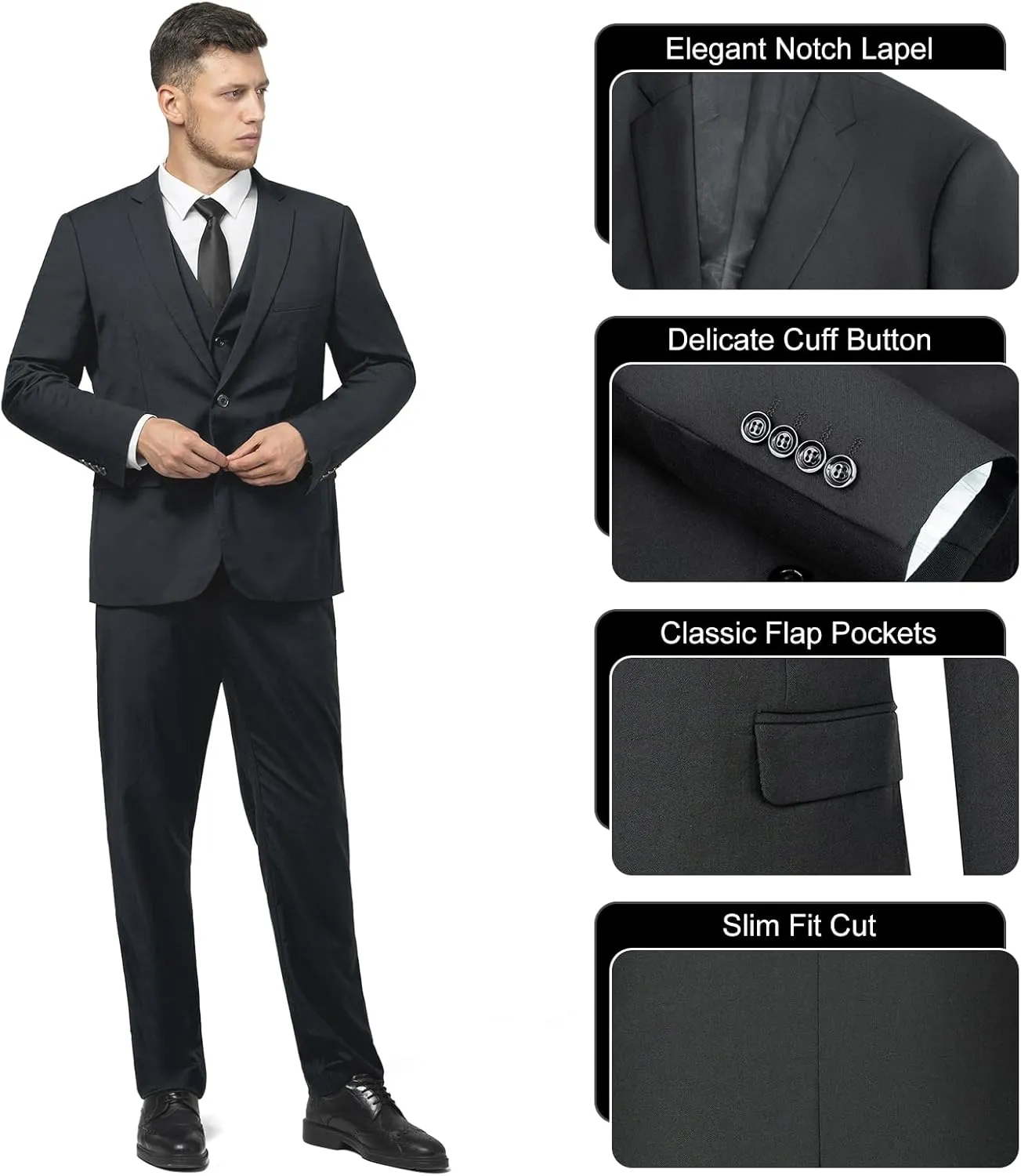 Men's Slim Fit 2 Button 3 Piece Suit Set, Solid Blazer Jacket with Multi-Functional Inner Pockets for Business/Party