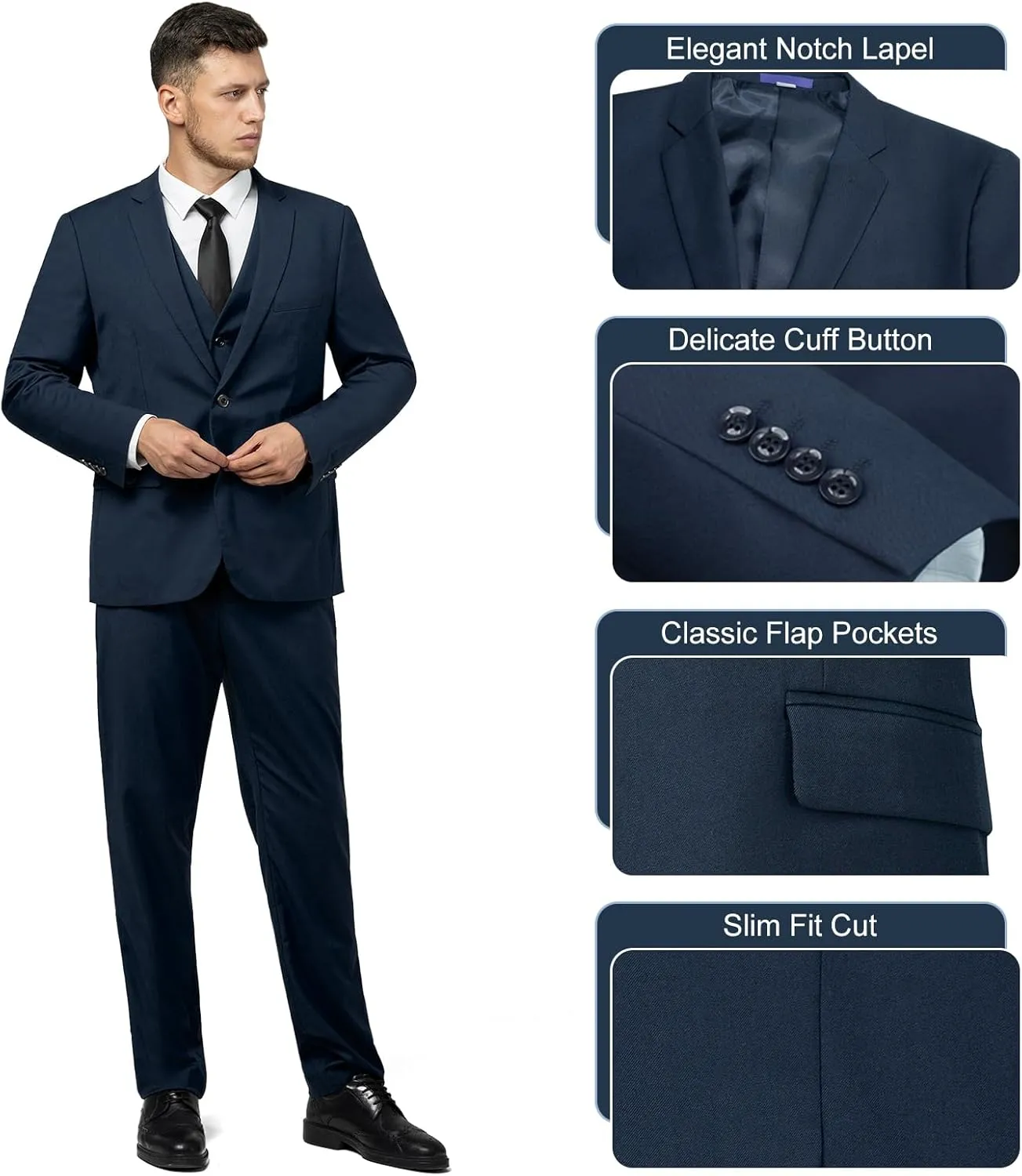 Men's Slim Fit 2 Button 3 Piece Suit Set, Solid Blazer Jacket with Multi-Functional Inner Pockets for Business/Party