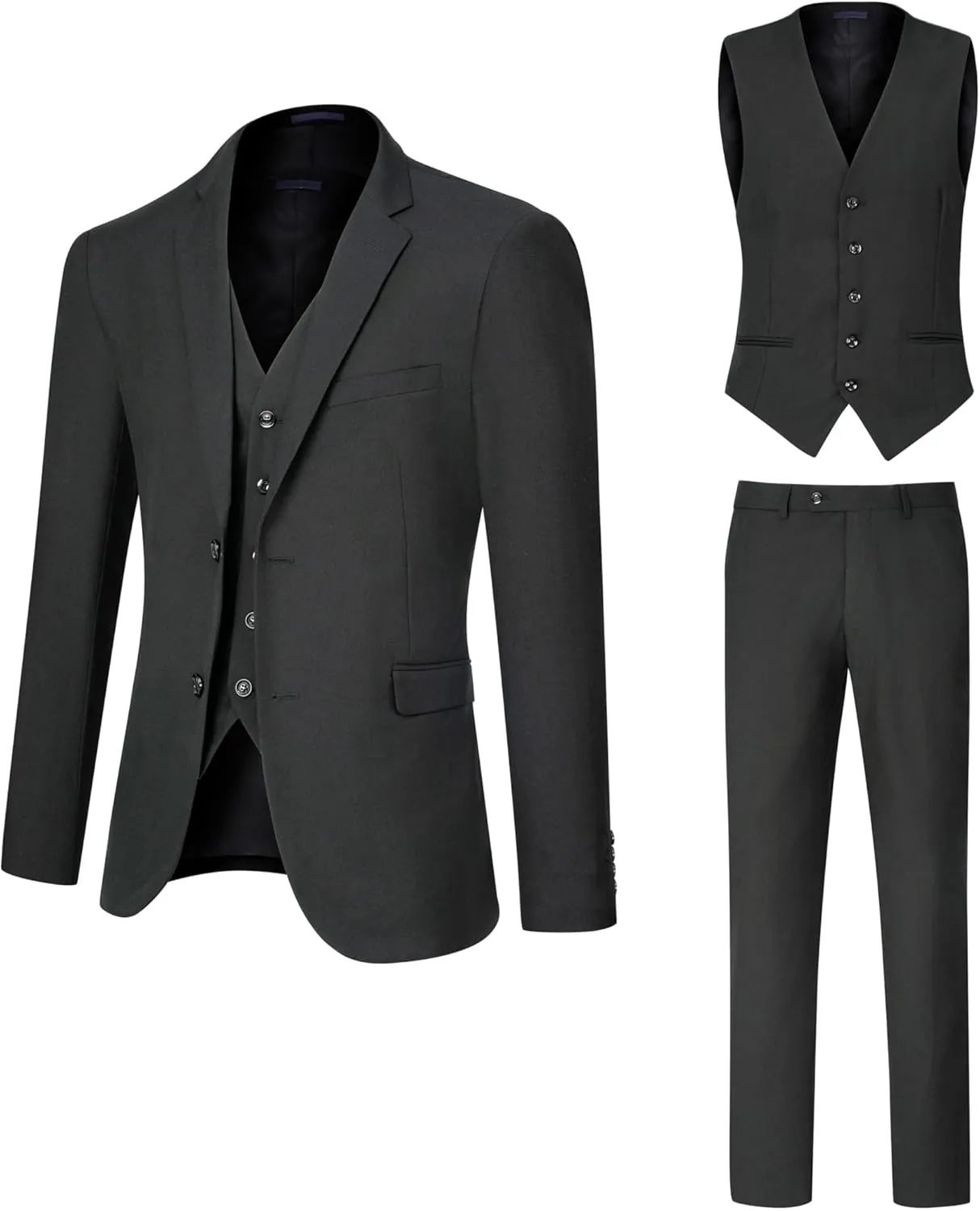 Men's Slim Fit 2 Button 3 Piece Suit Set, Solid Blazer Jacket with Multi-Functional Inner Pockets for Business/Party