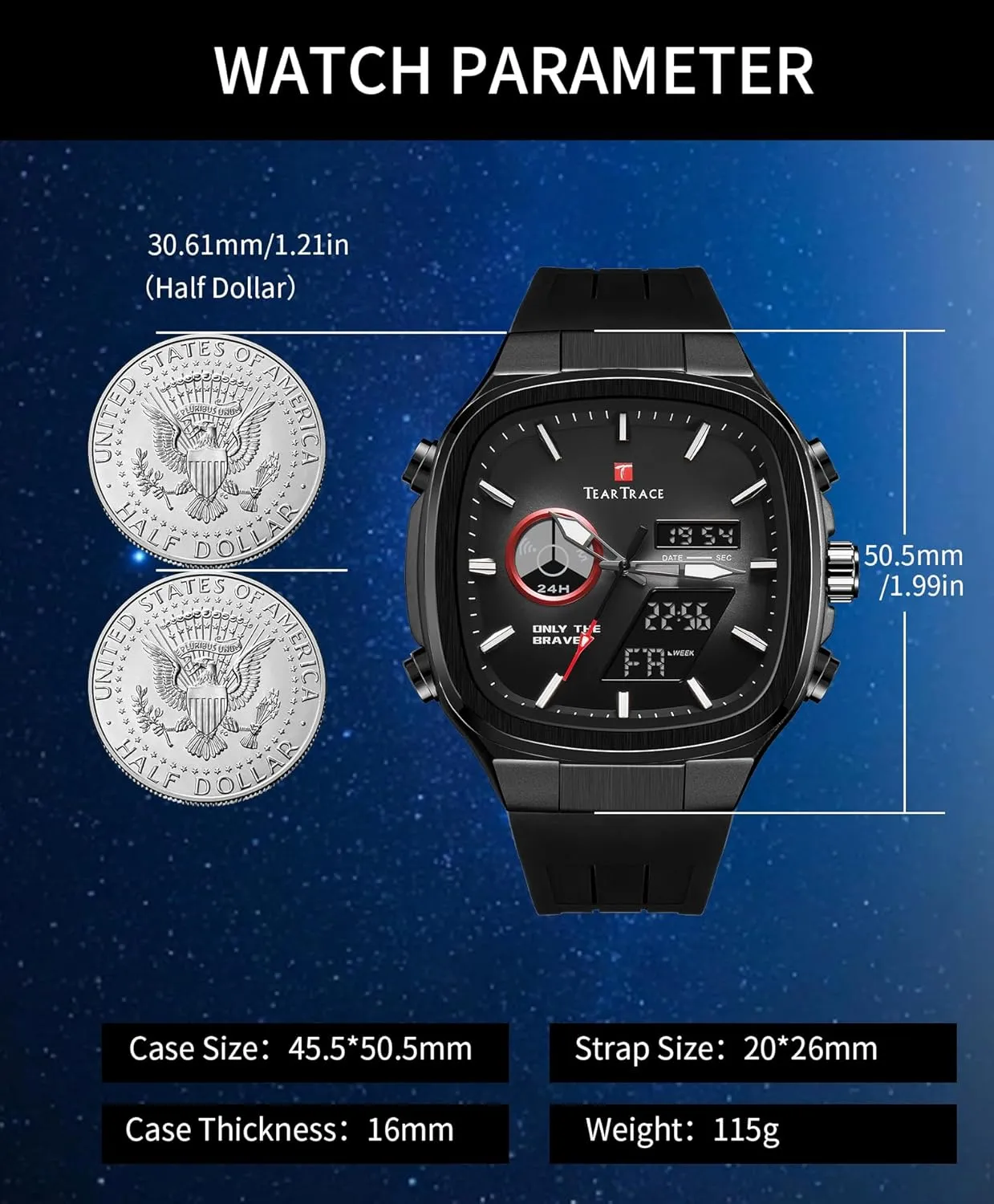 Mens Watches Analog Digital Quartz Waterproof Sport Watches for Men Chronograph Alarm Multifunctional Wrist Watch with Silicone Strap