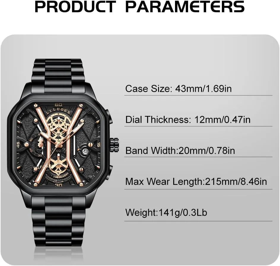Mens Watches, Wrist Watches Luminous Design, Big Face Fashion Quartz Black Watch 30ATM, Casual Watch for Men Unique Gifts for Men
