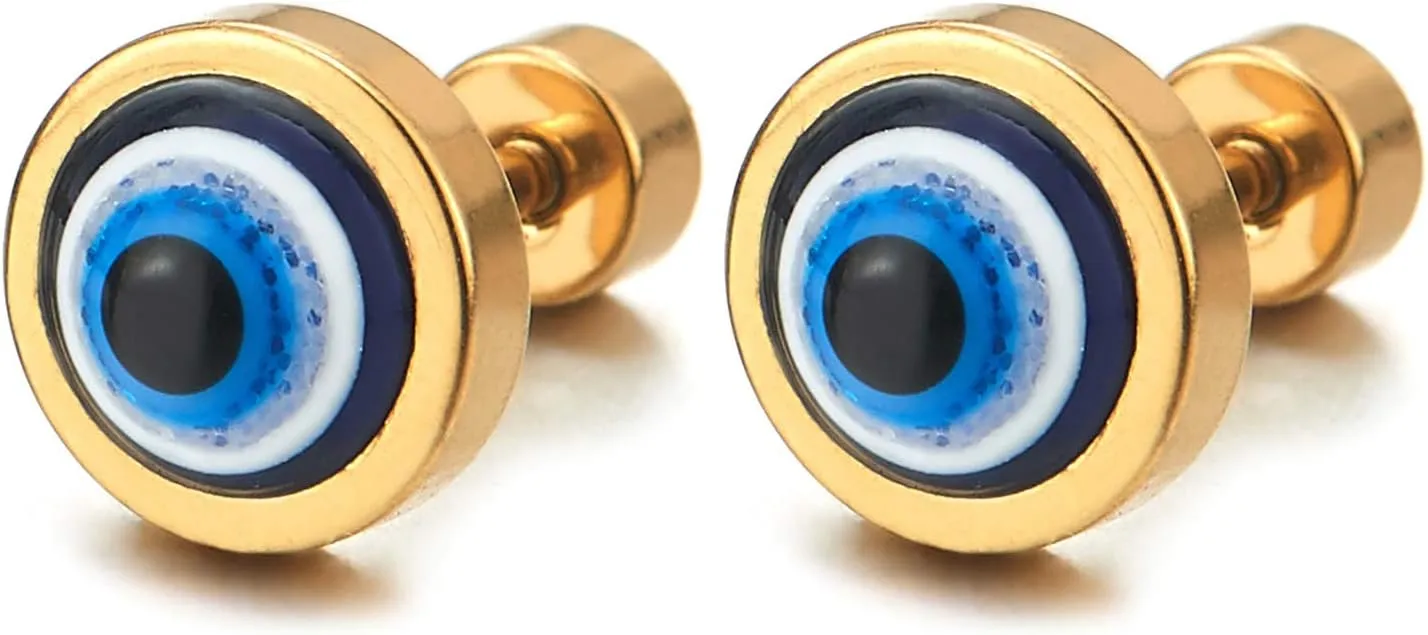 Mens Womens Stainless Steel Evil Eye Circle Stud Earrings with Resin, Screw Back, 2pcs