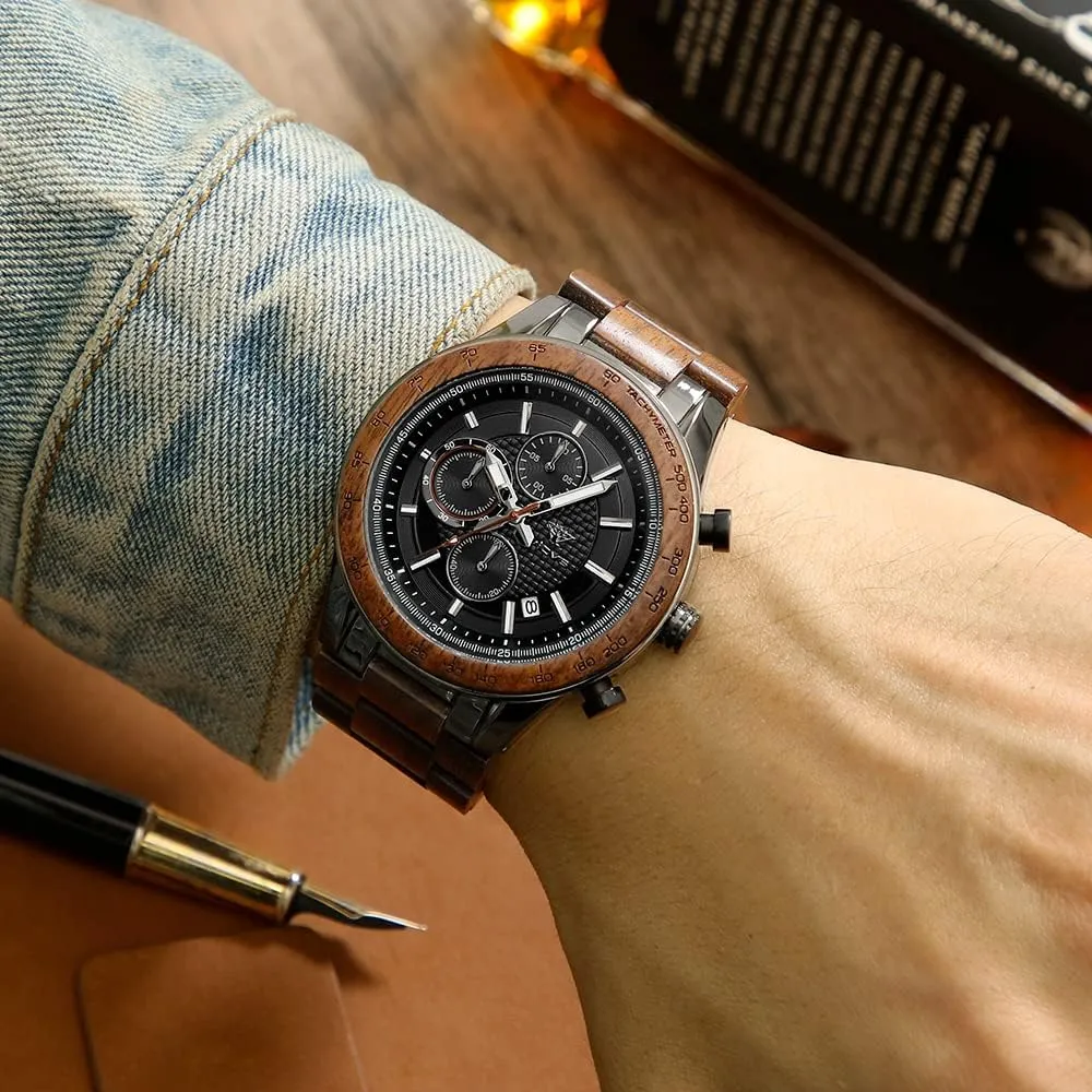 Men's Wood and Stainless Steel Watches, Chronograph 3 Dials Chronograph Quartz Casual Business Multifunctional Men's Wood Watches, Handmade