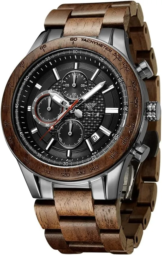 Men's Wood and Stainless Steel Watches, Chronograph 3 Dials Chronograph Quartz Casual Business Multifunctional Men's Wood Watches, Handmade