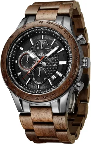 Men's Wood and Stainless Steel Watches, Chronograph 3 Dials Chronograph Quartz Casual Business Multifunctional Men's Wood Watches, Handmade