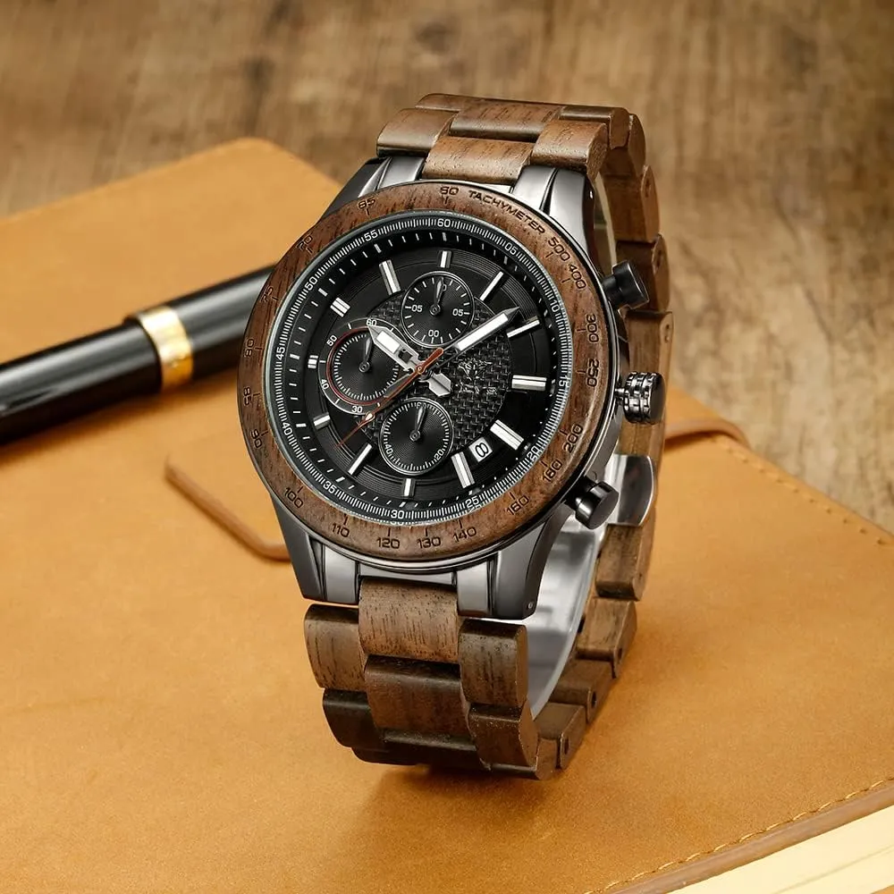 Men's Wood and Stainless Steel Watches, Chronograph 3 Dials Chronograph Quartz Casual Business Multifunctional Men's Wood Watches, Handmade