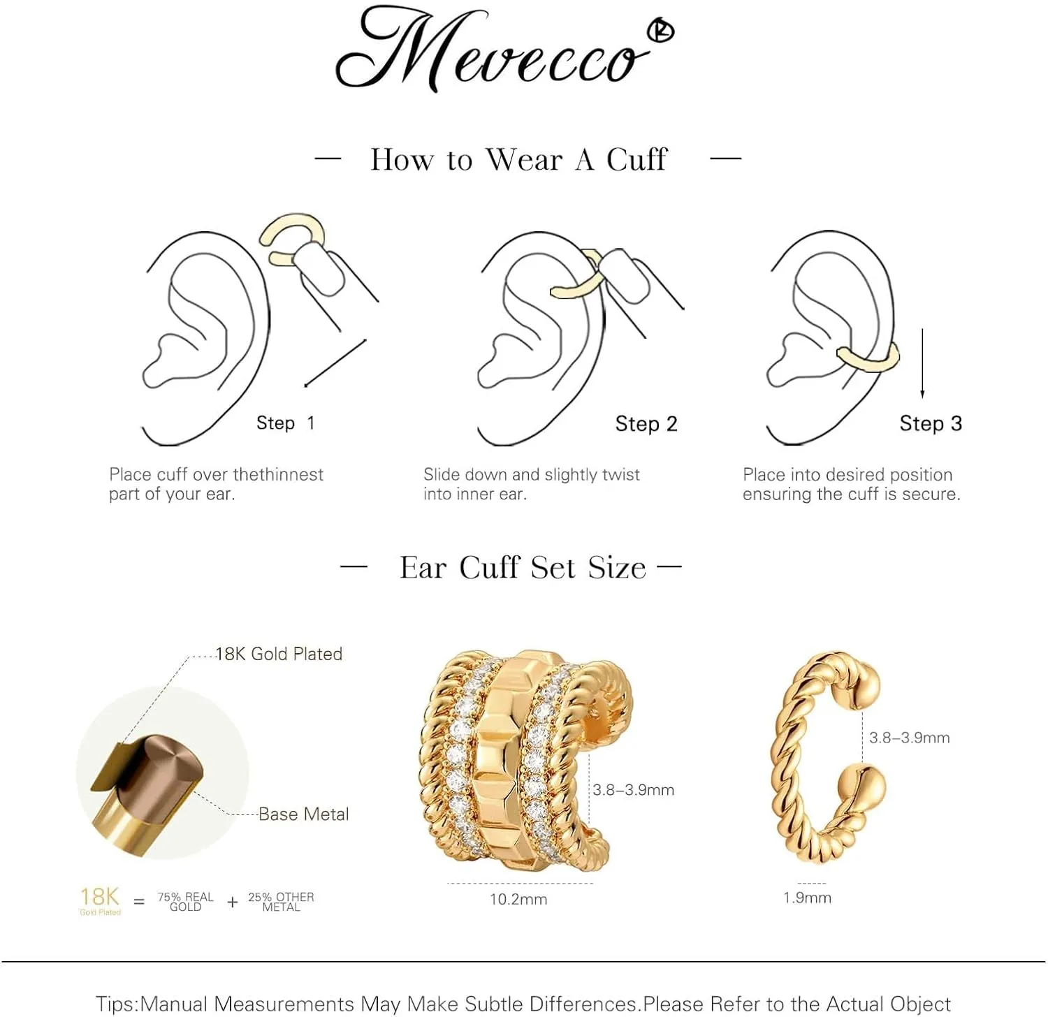 MEVECCO Ear Cuffs Non Piercing 18K Gold Plated Ear Cuff Earring Sets Clip on Cartilage Cubic Zirconia Pearl Minimalist Hypoallergenic Fake Hoop Earrings Stack Women Gifts