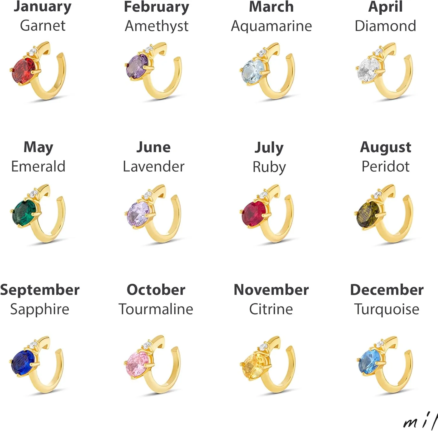 MILLA Ear Cuffs Non Piercing, Birthstone Jewelry, 14K Gold Plated over 925 Sterling Silver Half Hoop Dainty Earrings for Women Trendy with CZ Stones, Lightweight and Hypoallergenic