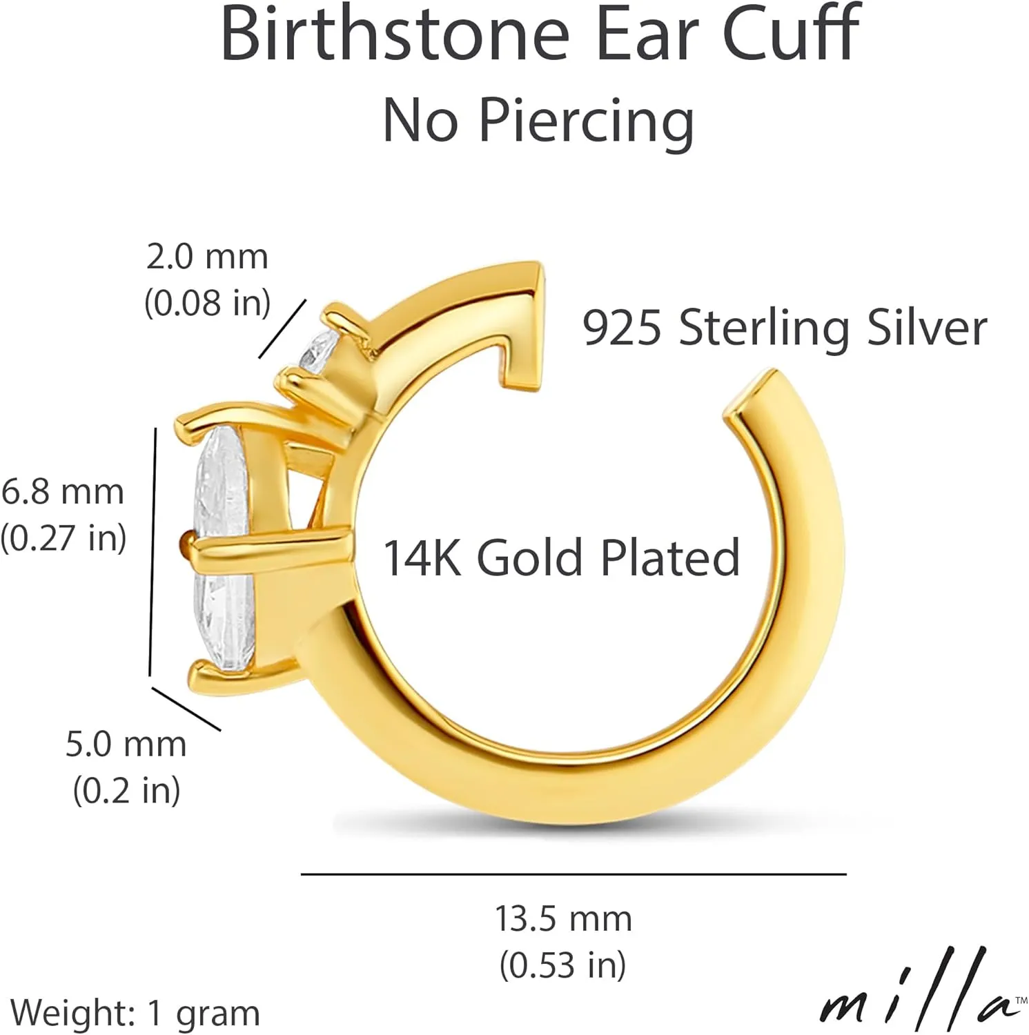 MILLA Ear Cuffs Non Piercing, Birthstone Jewelry, 14K Gold Plated over 925 Sterling Silver Half Hoop Dainty Earrings for Women Trendy with CZ Stones, Lightweight and Hypoallergenic
