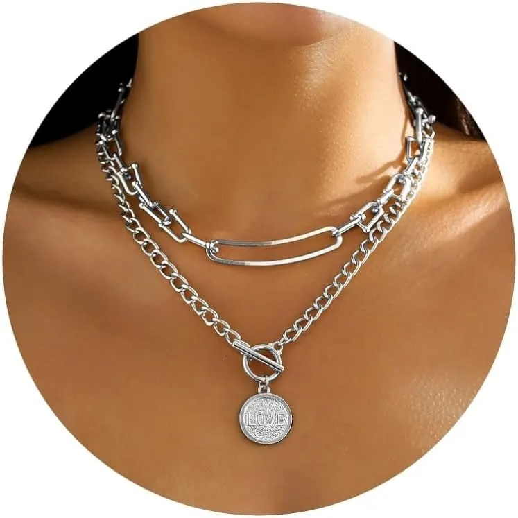 MJartoria Gold Layered Necklaces for Women Trendy Retro Coin Pendant Necklace Chunky Chain Choker Necklaces for Jewelry Birthday Gifts (Silver)