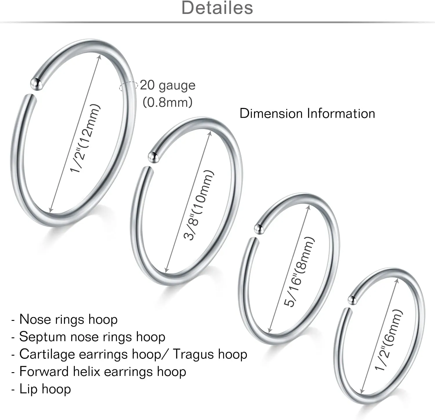 MODRSA Hoop Nose Rings - 20g L Shape Studs, Surgical Steel Corkscrew Hoops