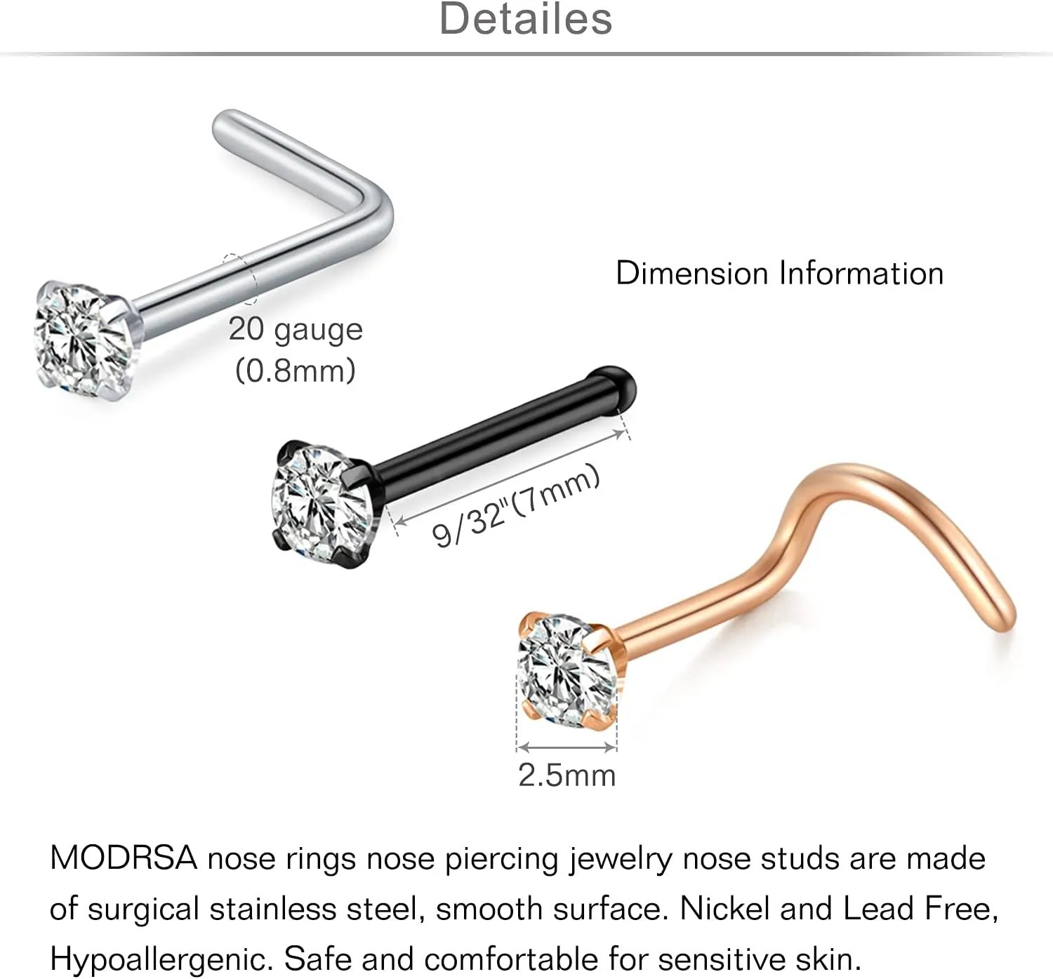 MODRSA Hoop Nose Rings - 20g L Shape Studs, Surgical Steel Corkscrew Hoops