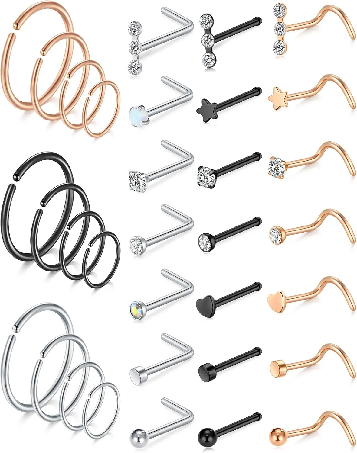 MODRSA Hoop Nose Rings - 20g L Shape Studs, Surgical Steel Corkscrew Hoops