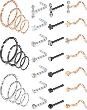 MODRSA Hoop Nose Rings - 20g L Shape Studs, Surgical Steel Corkscrew Hoops