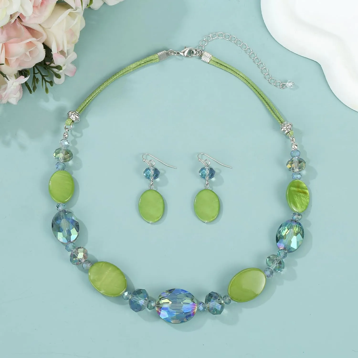 Multi Color Beaded Statement Necklace and Earrings for women Shiny Crystal Stone Beads Choker