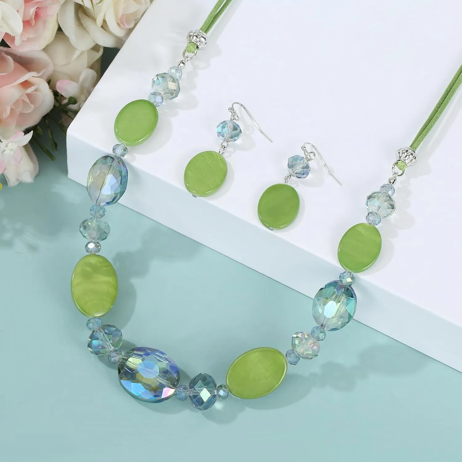 Multi Color Beaded Statement Necklace and Earrings for women Shiny Crystal Stone Beads Choker