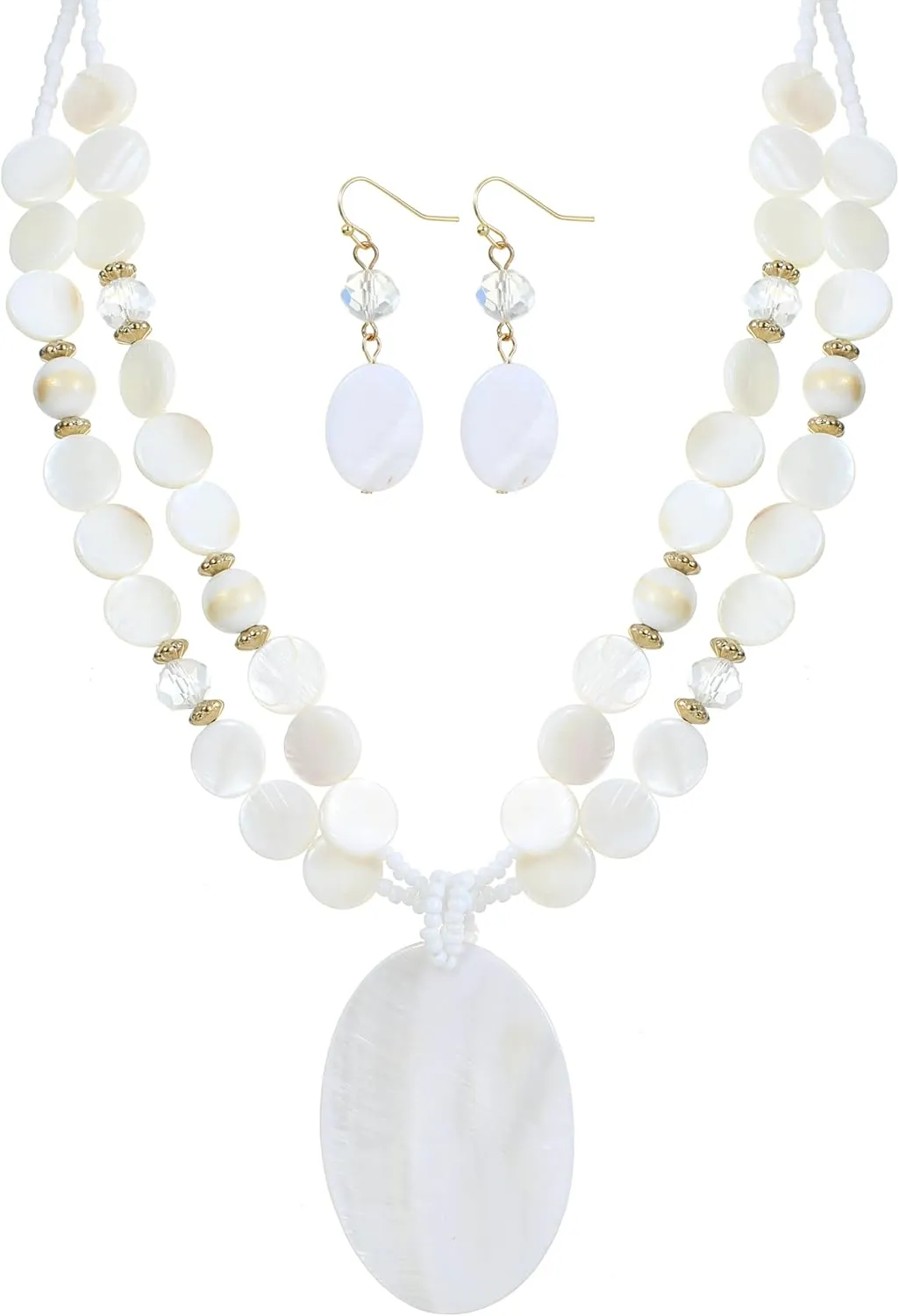 Multi-Strand Shell Beads Statement Necklace and Earrings Set for Women Oval Shell Pendant Choker Necklace Set Chunky Big Colorful Glass Stone Beaded Jewelry Gift