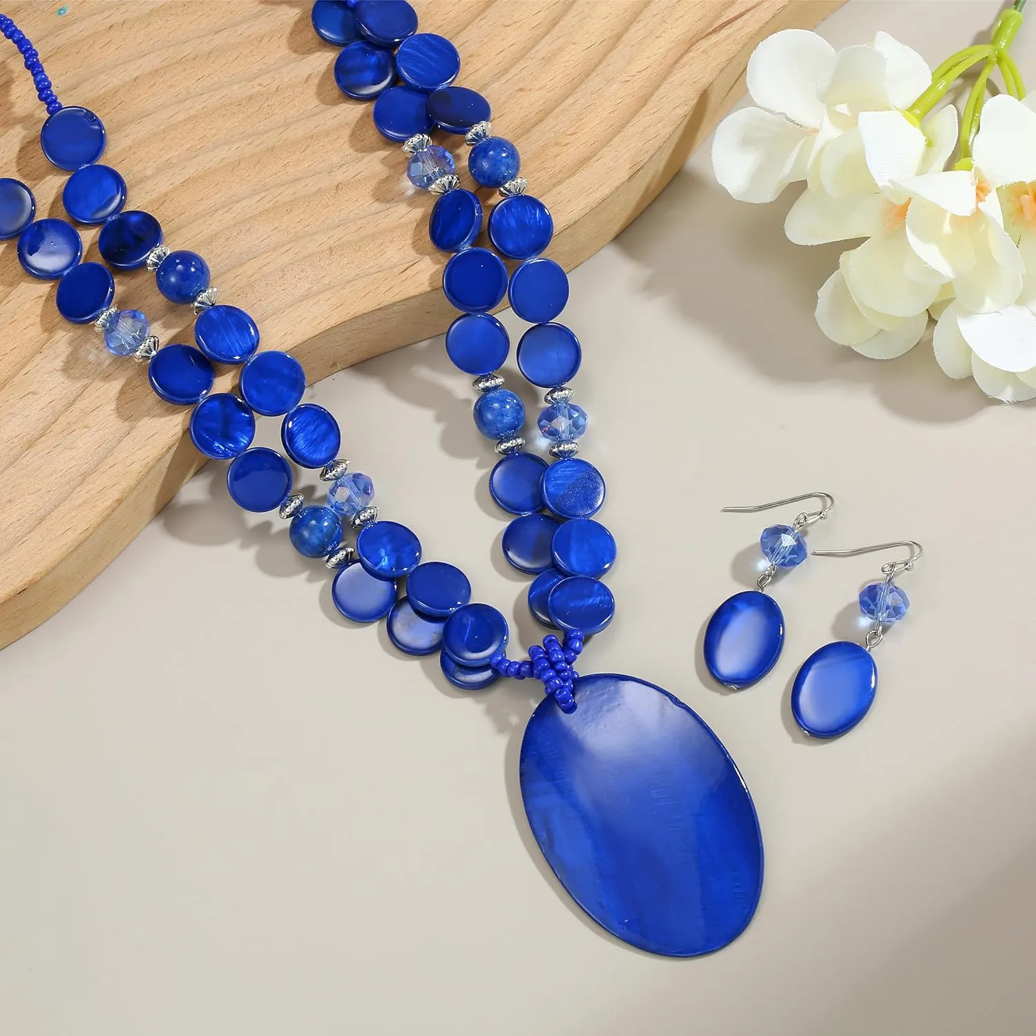 Multi-Strand Shell Beads Statement Necklace and Earrings Set for Women Oval Shell Pendant Choker Necklace Set Chunky Big Colorful Glass Stone Beaded Jewelry Gift