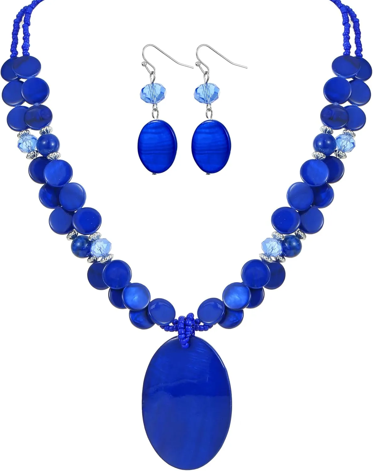 Multi-Strand Shell Beads Statement Necklace and Earrings Set for Women Oval Shell Pendant Choker Necklace Set Chunky Big Colorful Glass Stone Beaded Jewelry Gift