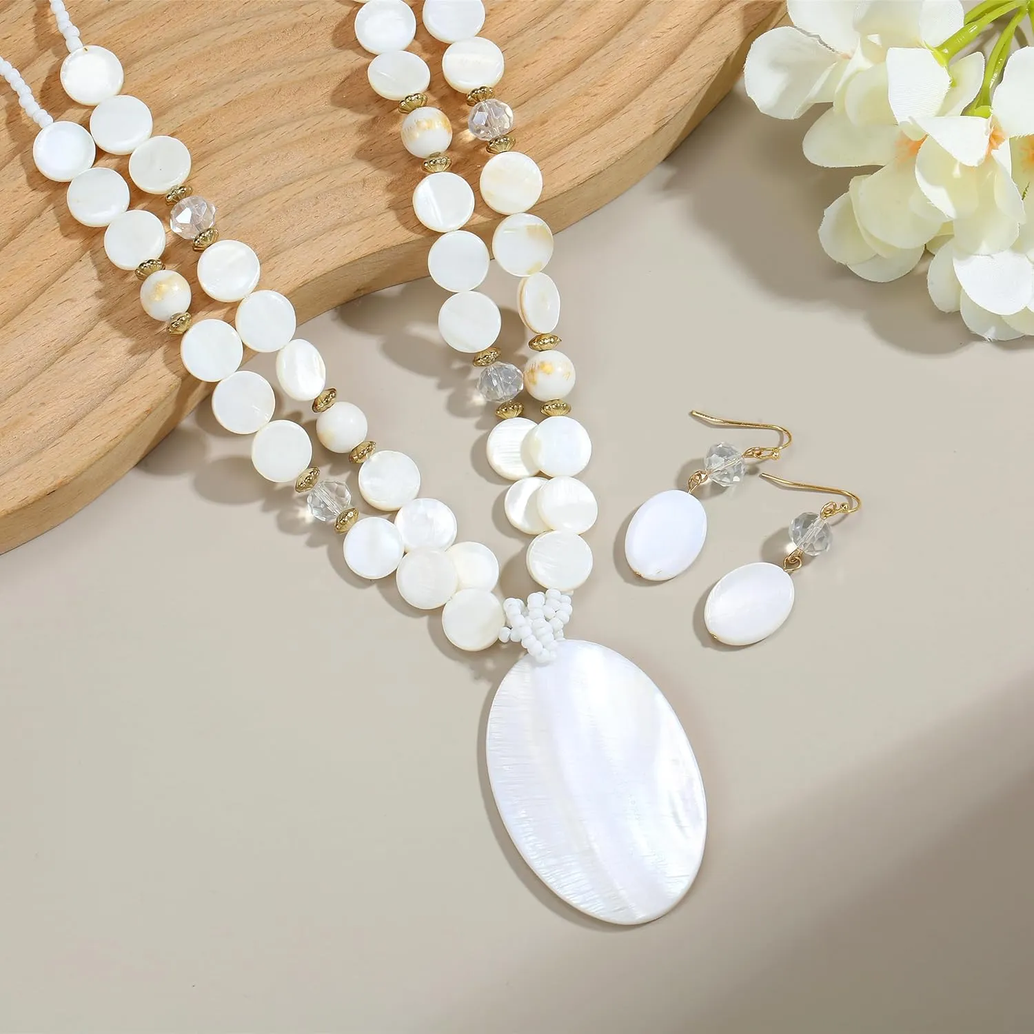 Multi-Strand Shell Beads Statement Necklace and Earrings Set for Women Oval Shell Pendant Choker Necklace Set Chunky Big Colorful Glass Stone Beaded Jewelry Gift