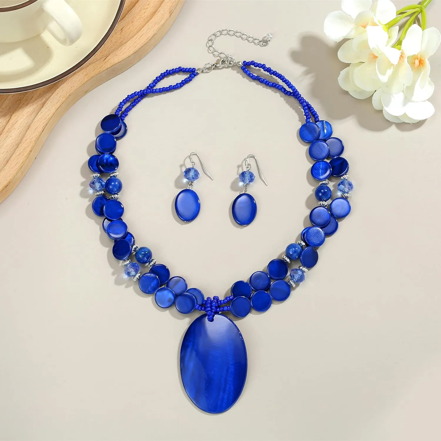 Multi-Strand Shell Beads Statement Necklace and Earrings Set for Women Oval Shell Pendant Choker Necklace Set Chunky Big Colorful Glass Stone Beaded Jewelry Gift