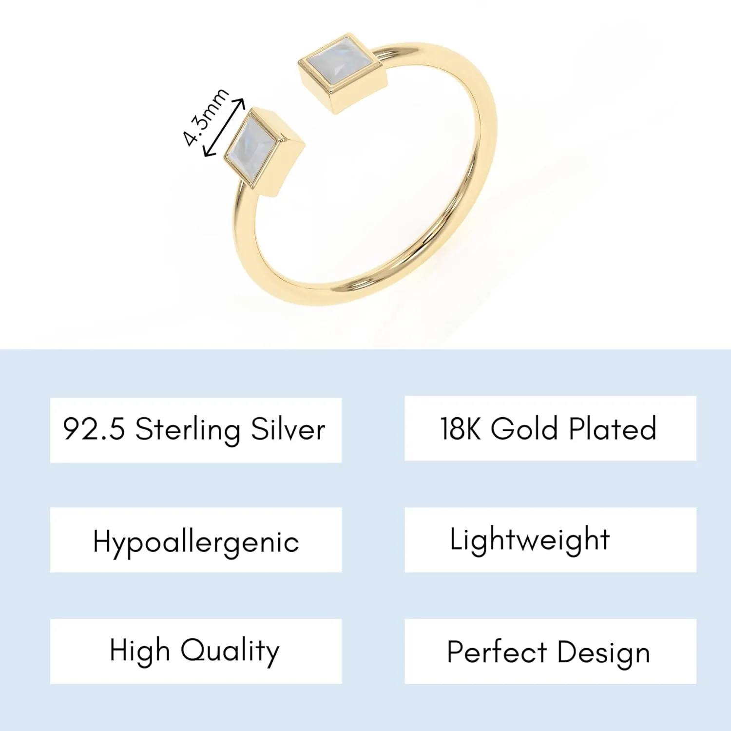 Natural Moonstone Rings, 18K Gold Rings for Women Teen Girls That Don't Tarnish - Real 925 Sterling Silver Rings, Stackable, Chunky, Dainty June Birthstone Gifts (Anillos Para Mujer, Square - Size 6)