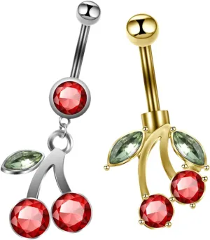 Navel Rings for Women Cherry Belly Button Ring Set Fashion Jewelry for Night Clubs and Parties