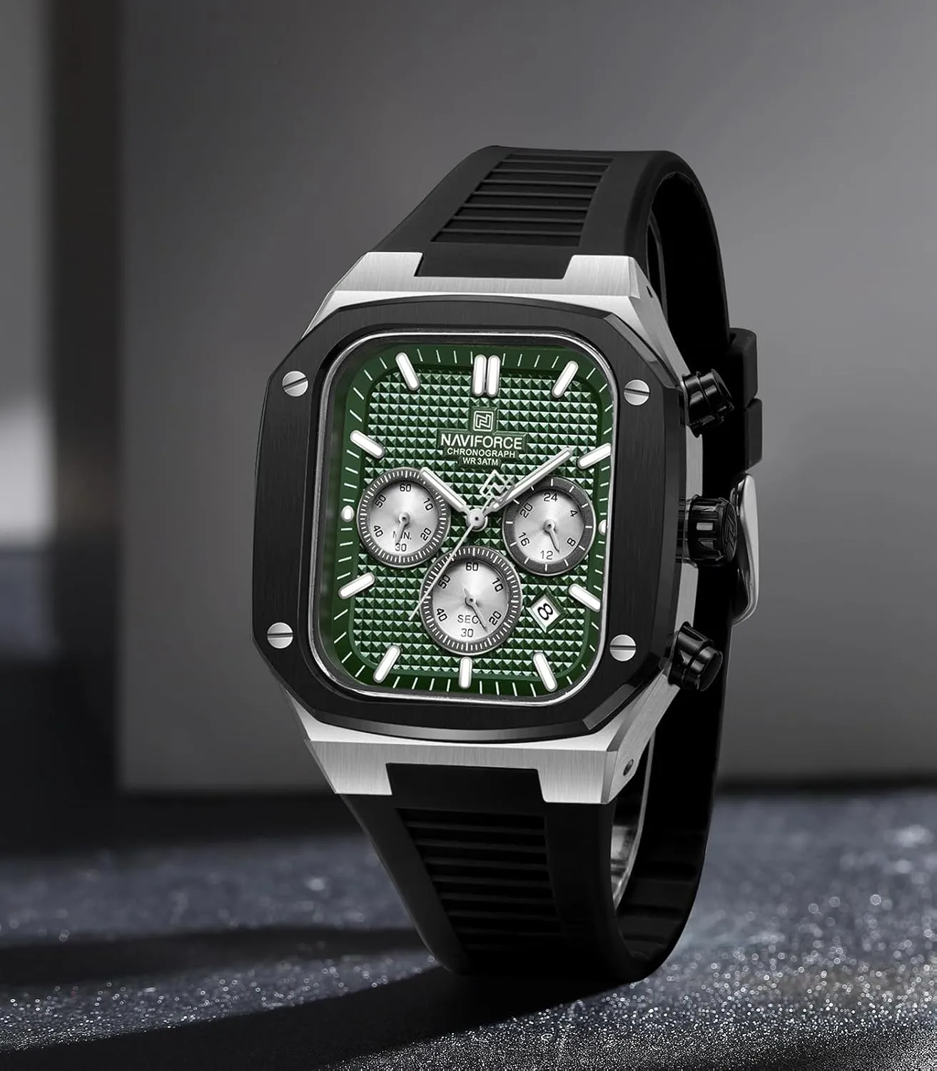 NAVIFORCE Mens Square Watches,Chronograph Analog Calendar Wrist Watch,Quartz Waterproof Watches for Men,Silicone Band