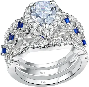 Newshe Jewellery Engagement Wedding Ring Set AAAAA Cz Rings for Women 925 Sterling Silver 3pcs 2.5ct Pear Shape White Blue Size