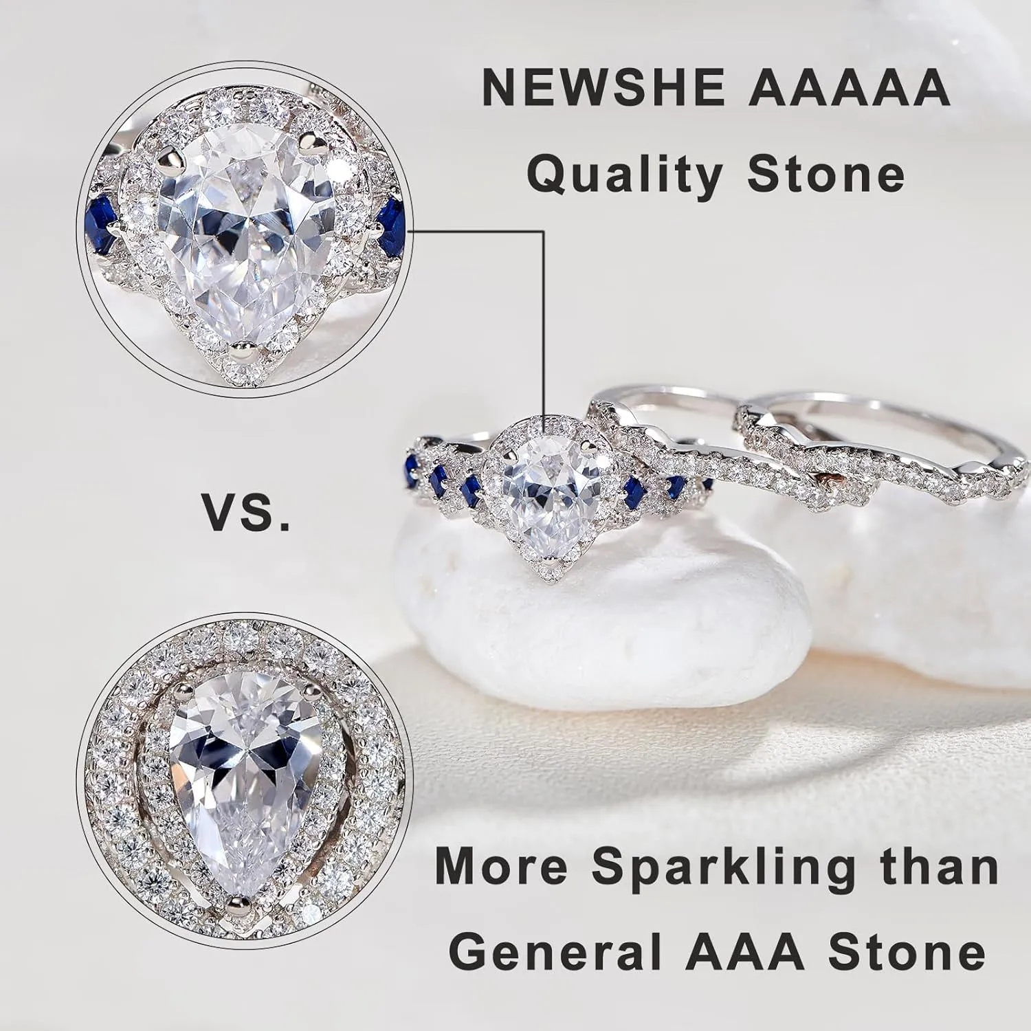 Newshe Jewellery Engagement Wedding Ring Set AAAAA Cz Rings for Women 925 Sterling Silver 3pcs 2.5ct Pear Shape White Blue Size