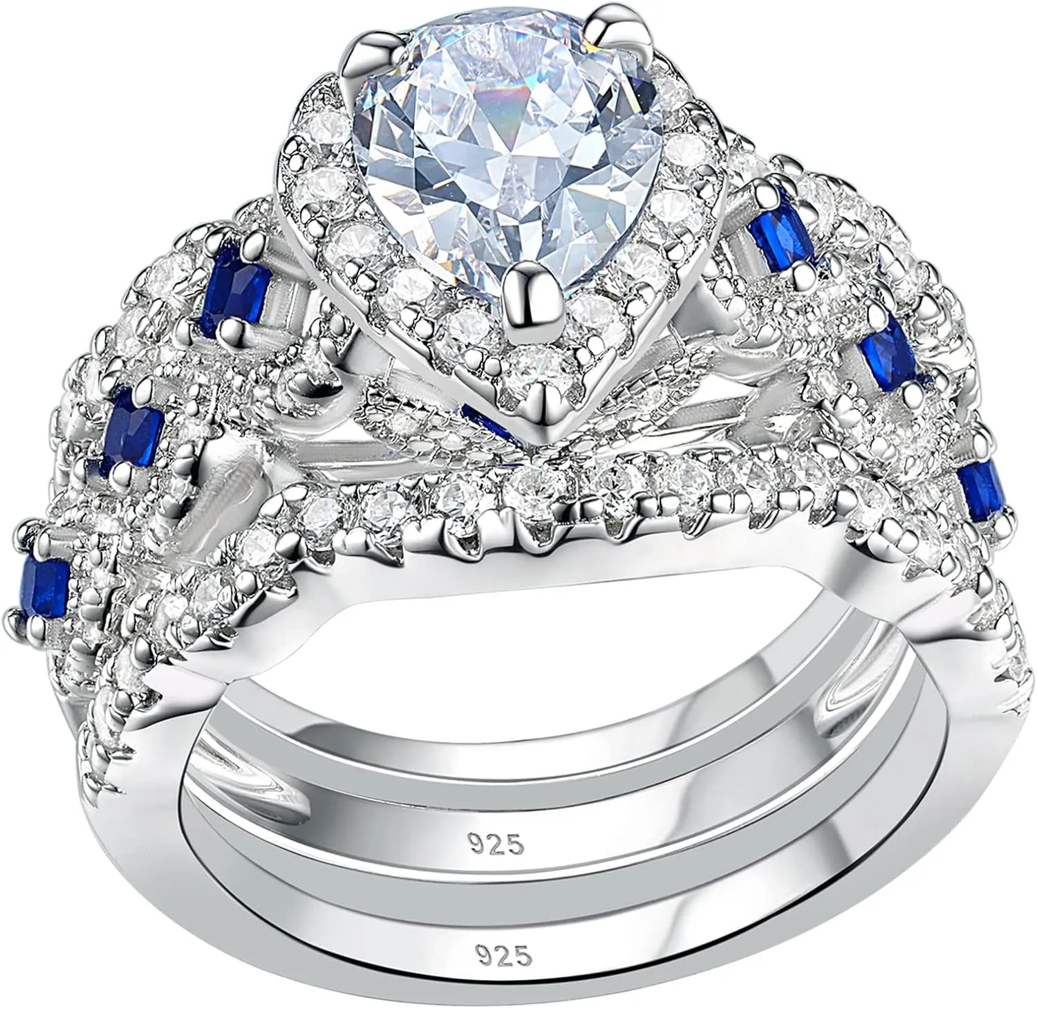 Newshe Jewellery Engagement Wedding Ring Set AAAAA Cz Rings for Women 925 Sterling Silver 3pcs 2.5ct Pear Shape White Blue Size