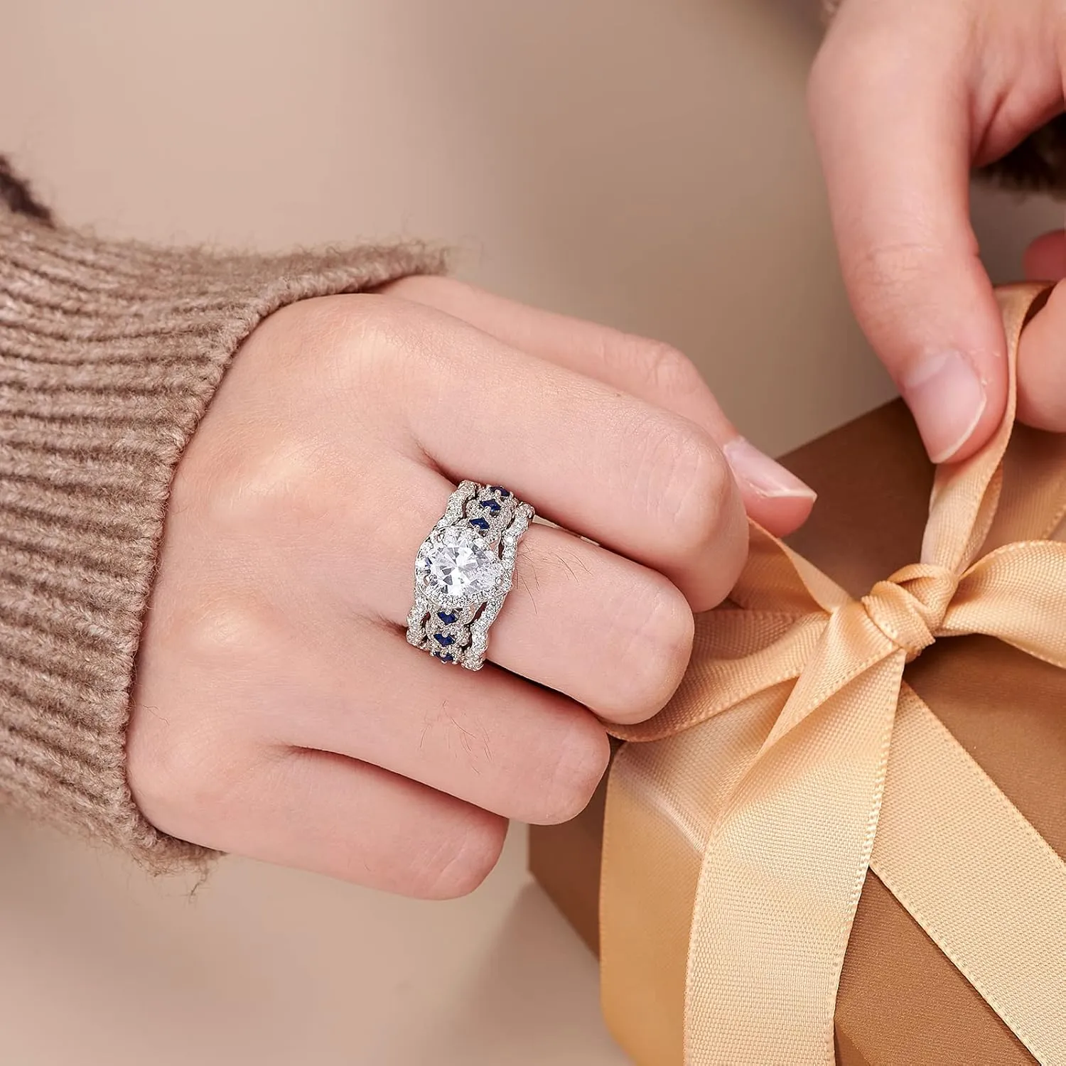 Newshe Jewellery Engagement Wedding Ring Set AAAAA Cz Rings for Women 925 Sterling Silver 3pcs 2.5ct Pear Shape White Blue Size
