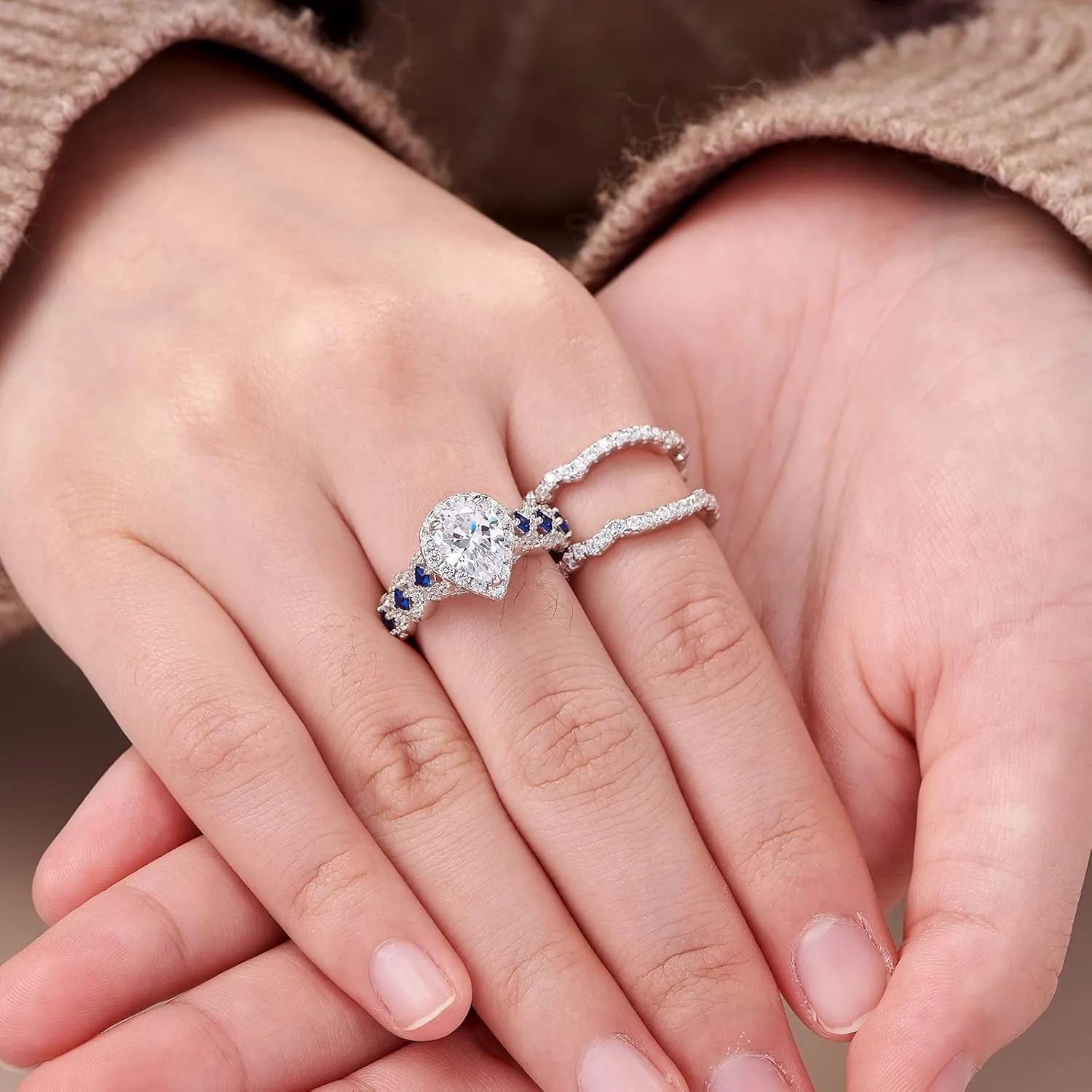 Newshe Jewellery Engagement Wedding Ring Set AAAAA Cz Rings for Women 925 Sterling Silver 3pcs 2.5ct Pear Shape White Blue Size