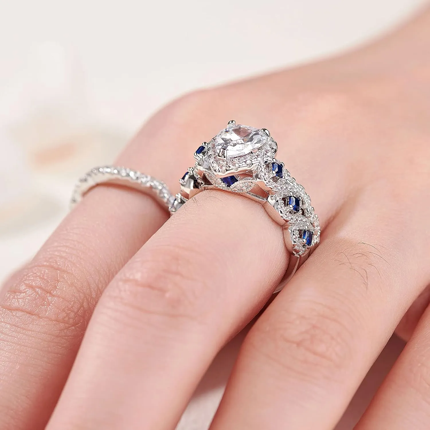 Newshe Jewellery Engagement Wedding Ring Set AAAAA Cz Rings for Women 925 Sterling Silver 3pcs 2.5ct Pear Shape White Blue Size