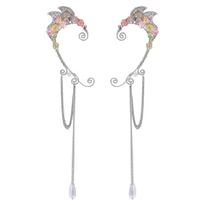NICENEEDED Elf Ear Cuffs, Fairy Cuffs Wrap Clip-on Earrings, Drop Dangling Ear Clips Non-Pierced Elves Ear Cuffs Colorful Flower Earrings with Tassel Elven Cosplay Fantasy Costume for Women