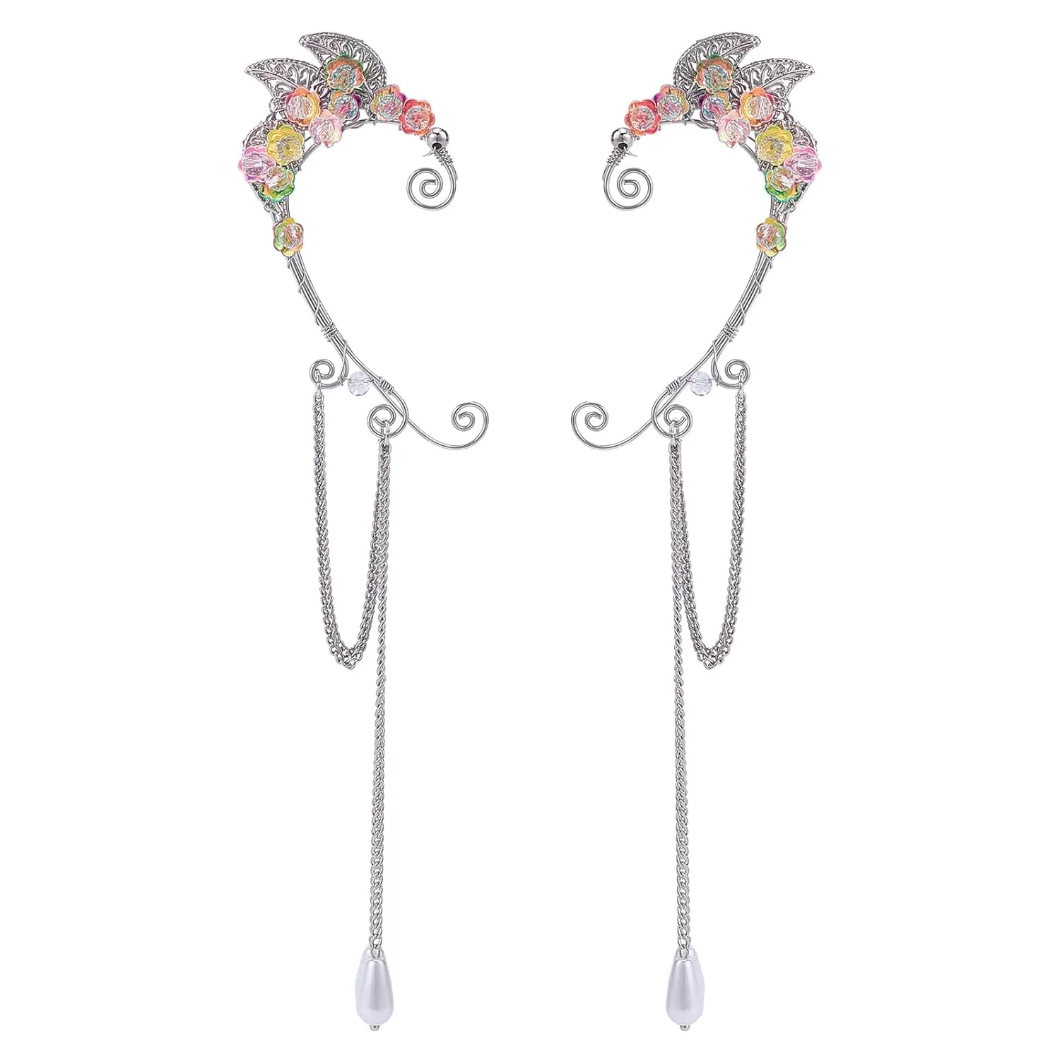 NICENEEDED Elf Ear Cuffs, Fairy Cuffs Wrap Clip-on Earrings, Drop Dangling Ear Clips Non-Pierced Elves Ear Cuffs Colorful Flower Earrings with Tassel Elven Cosplay Fantasy Costume for Women