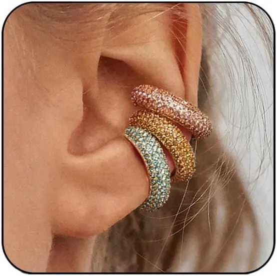 Non Pierced Ear Cuff Cubic Zirconia Hoop Huggie Ear Cuffs Earrings for Women Non Piercing (A,3PCS)