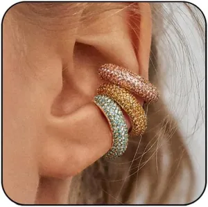 Non Pierced Ear Cuff Cubic Zirconia Hoop Huggie Ear Cuffs Earrings for Women Non Piercing (A,3PCS)
