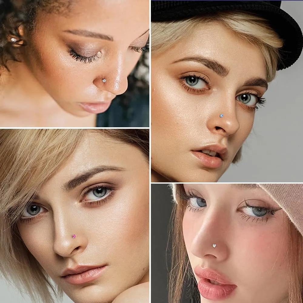 Nose Rings Studs for Women 16Pcs 20G Nose Studs Hypoallergenic 316L Surgical Steel Nose Piercings Jewelry 3mm CZ & Opal Nose Ring L Shape Nose Stud 20 Gauge Nose Screw Studs