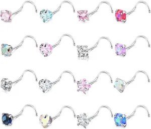 Nose Rings Studs for Women 16Pcs 20G Nose Studs Hypoallergenic 316L Surgical Steel Nose Piercings Jewelry 3mm CZ & Opal Nose Ring L Shape Nose Stud 20 Gauge Nose Screw Studs
