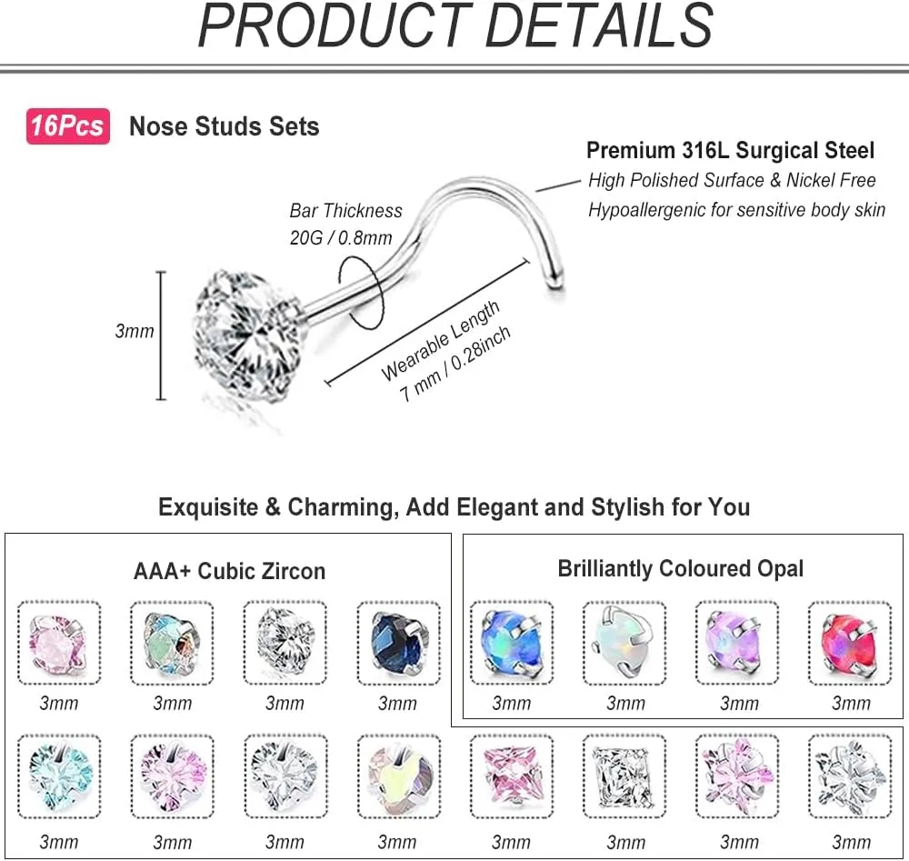 Nose Rings Studs for Women 16Pcs 20G Nose Studs Hypoallergenic 316L Surgical Steel Nose Piercings Jewelry 3mm CZ & Opal Nose Ring L Shape Nose Stud 20 Gauge Nose Screw Studs