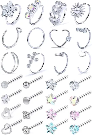Ocptiy 18G 20G Nose Rings Studs Nose Hoops 316L Surgical Steel Hypoallergenic Silver Nose Piercings Straight Screw L Shaped Nostril Nose Rings Piercing Jewelry for Women Men 20Pcs-28Pcs