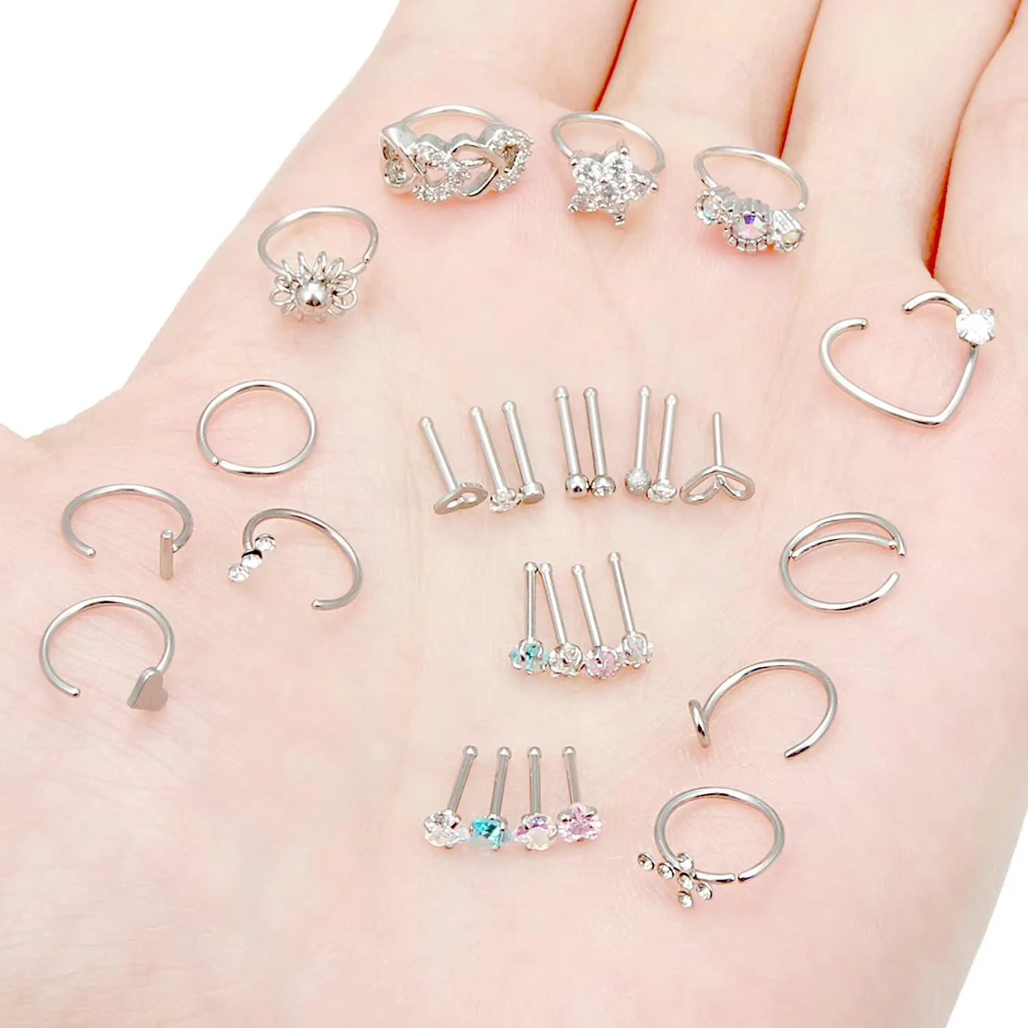 Ocptiy 18G 20G Nose Rings Studs Nose Hoops 316L Surgical Steel Hypoallergenic Silver Nose Piercings Straight Screw L Shaped Nostril Nose Rings Piercing Jewelry for Women Men 20Pcs-28Pcs